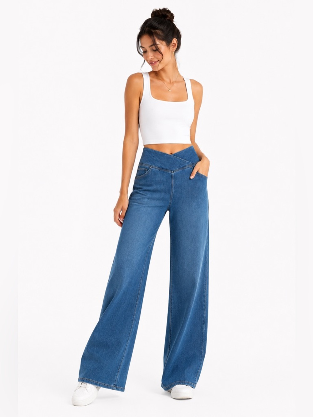 Halara Crossover High Waist Wide Leg Pull-On Denim Jeans Minimalist Loungewear L